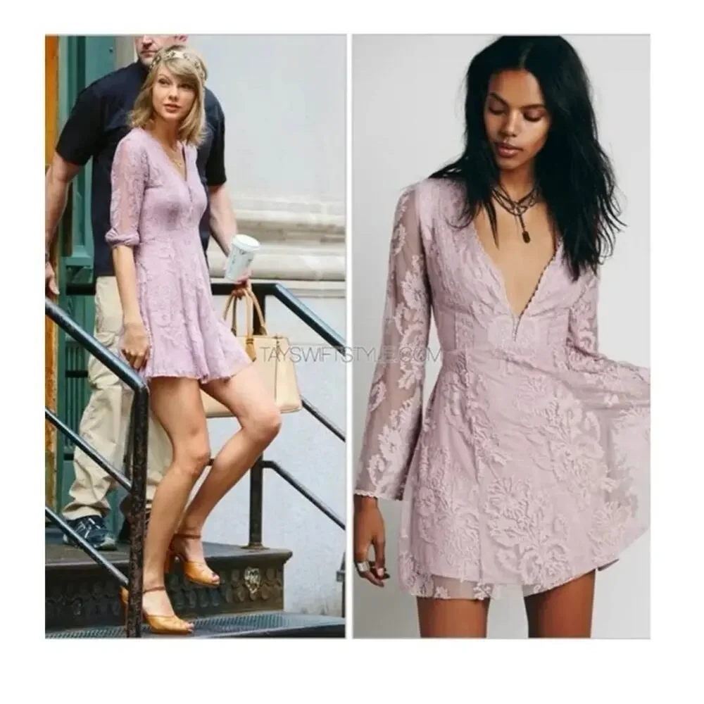 Free People Reign Over Me Dusty Lilac Lace Bell Sleeve Mini Dress 6 Taylor Swift